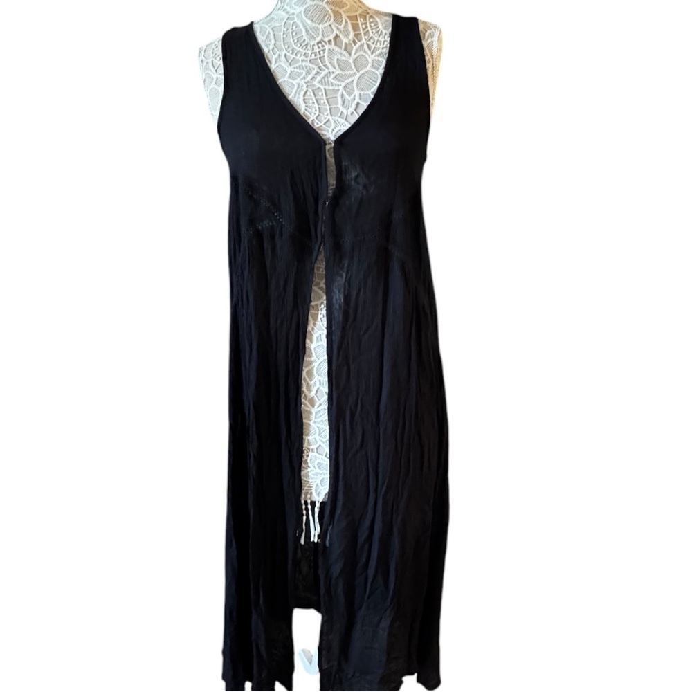 Black Sleeveless Open Front Long Vest/kimono